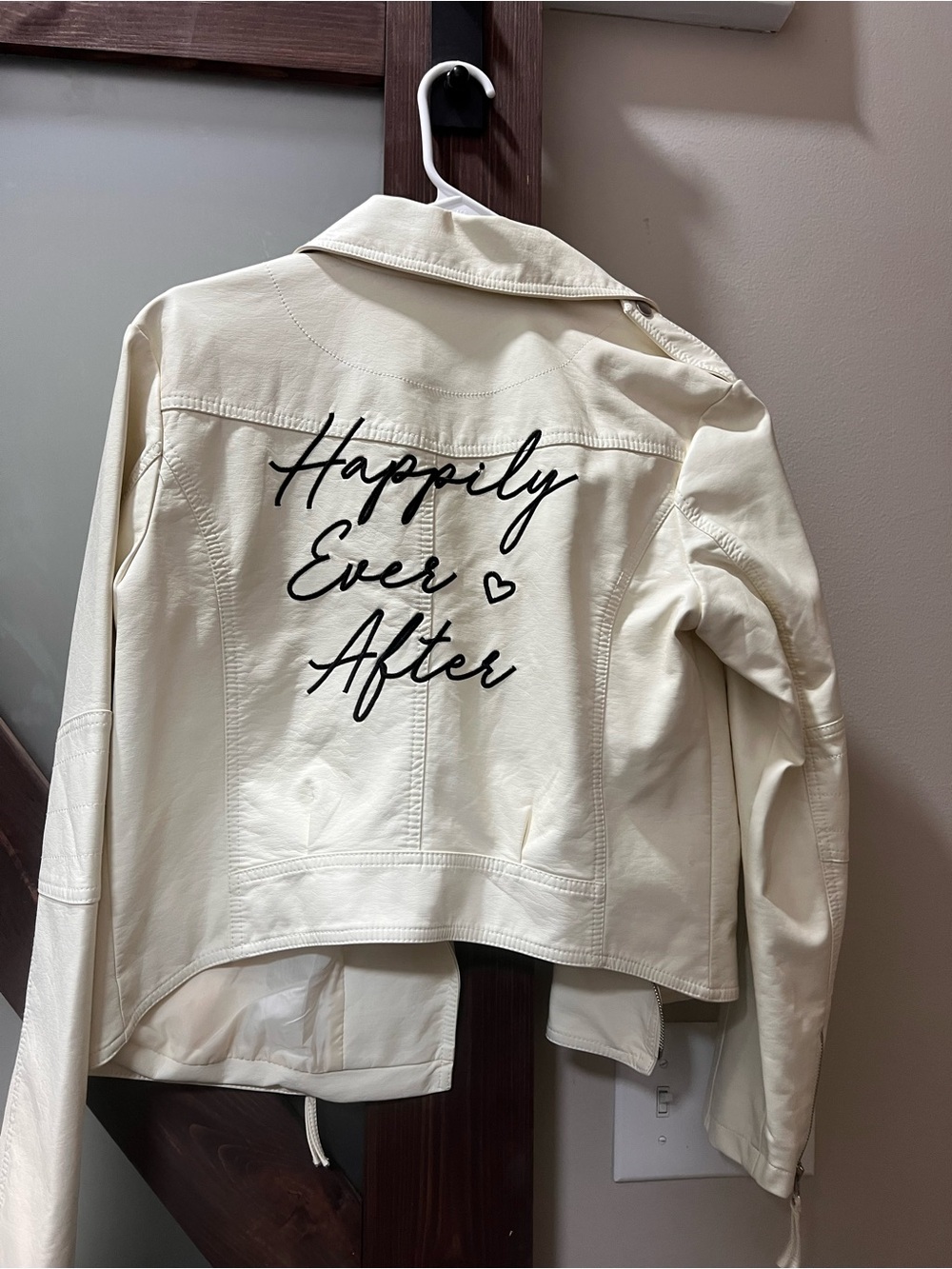 David's Bridal Cream Leather Jacket with 'Happily Ever After' Script